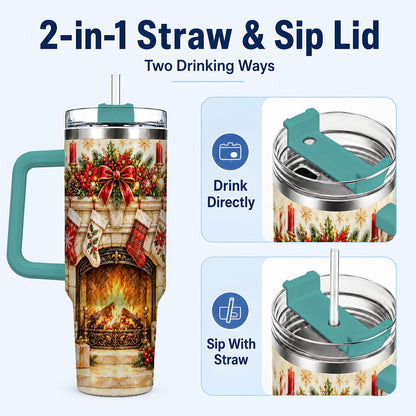 #pl[40oz|Green] Christmas Fireplace 40oz Tumbler with Handle, Holiday Travel Cup