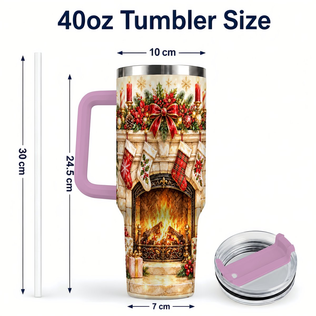 #pl[40oz|Pink] Christmas Fireplace 40oz Tumbler with Handle, Holiday Travel Cup