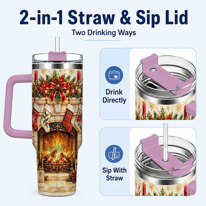 #pl[40oz|Pink] Christmas Fireplace 40oz Tumbler with Handle, Holiday Travel Cup
