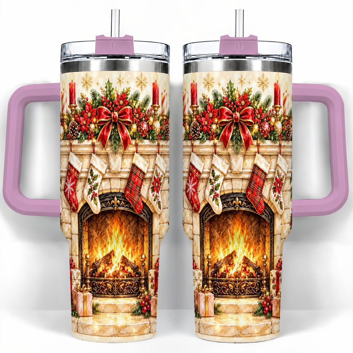 #pl[40oz|Pink] Christmas Fireplace 40oz Tumbler with Handle, Holiday Travel Cup