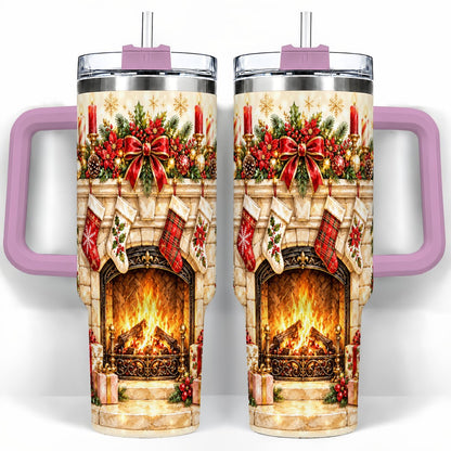 #pl[40oz|Pink] Christmas Fireplace 40oz Tumbler with Handle, Holiday Travel Cup