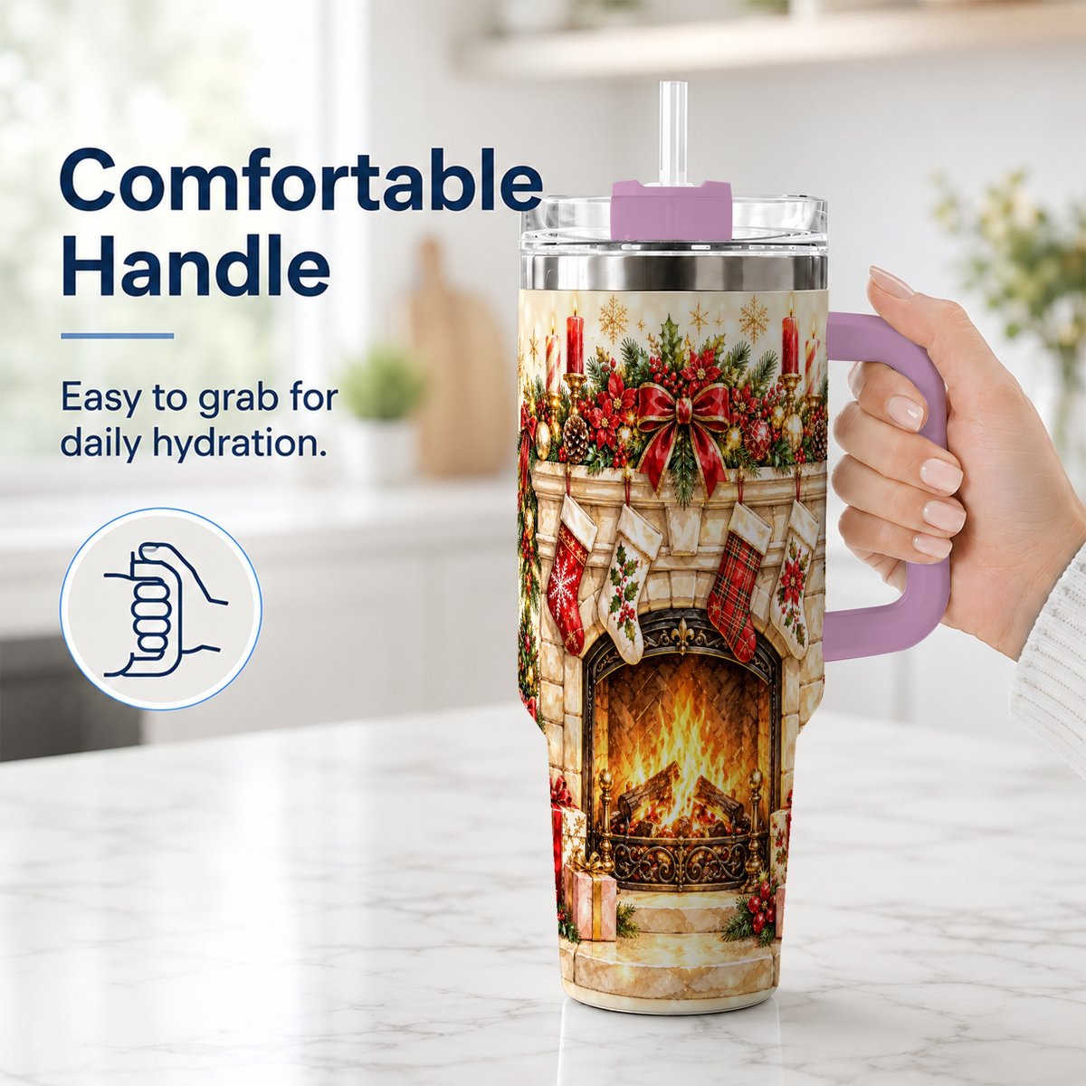 #pl[40oz|Pink] Christmas Fireplace 40oz Tumbler with Handle, Holiday Travel Cup