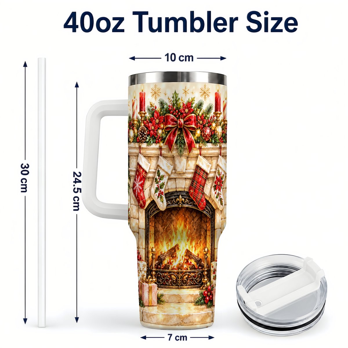 #pl[40oz|White] Christmas Fireplace 40oz Tumbler with Handle, Holiday Travel Cup