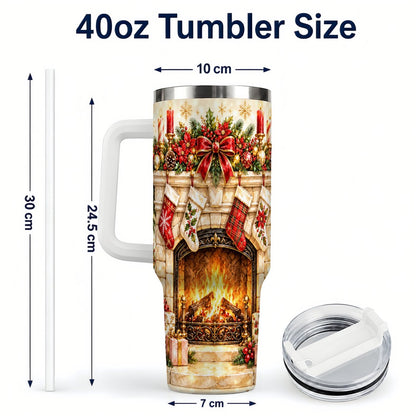 #pl[40oz|White] Christmas Fireplace 40oz Tumbler with Handle, Holiday Travel Cup