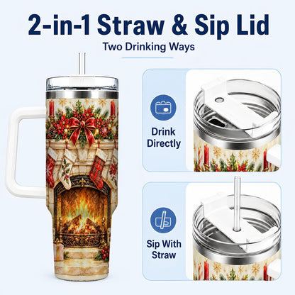 #pl[40oz|White] Christmas Fireplace 40oz Tumbler with Handle, Holiday Travel Cup