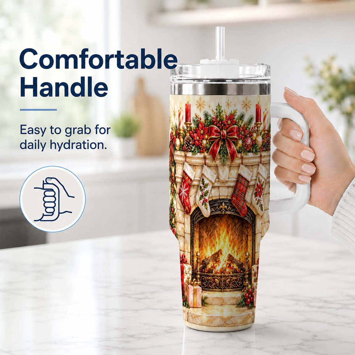 #pl[40oz|White] Christmas Fireplace 40oz Tumbler with Handle, Holiday Travel Cup