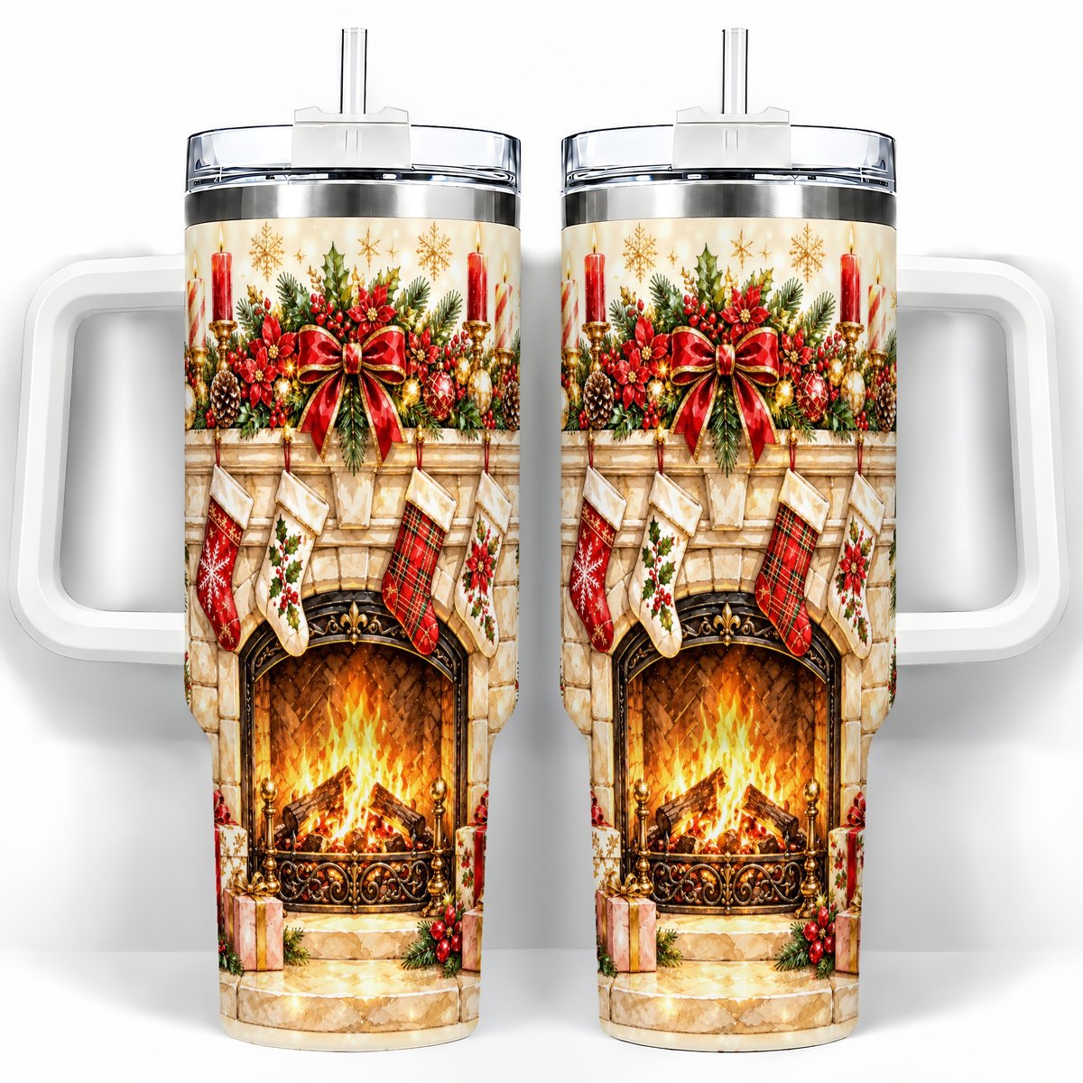 Christmas Fireplace 40oz Tumbler with Handle, Holiday Travel Cup