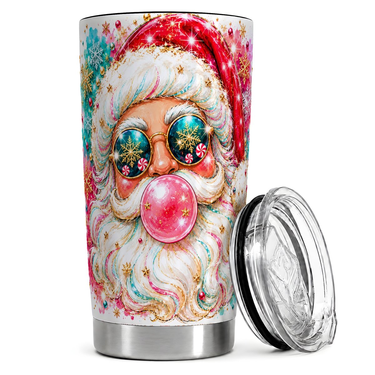 Bubblegum Santa 20oz Tumbler, Christmas Travel Cup for Women