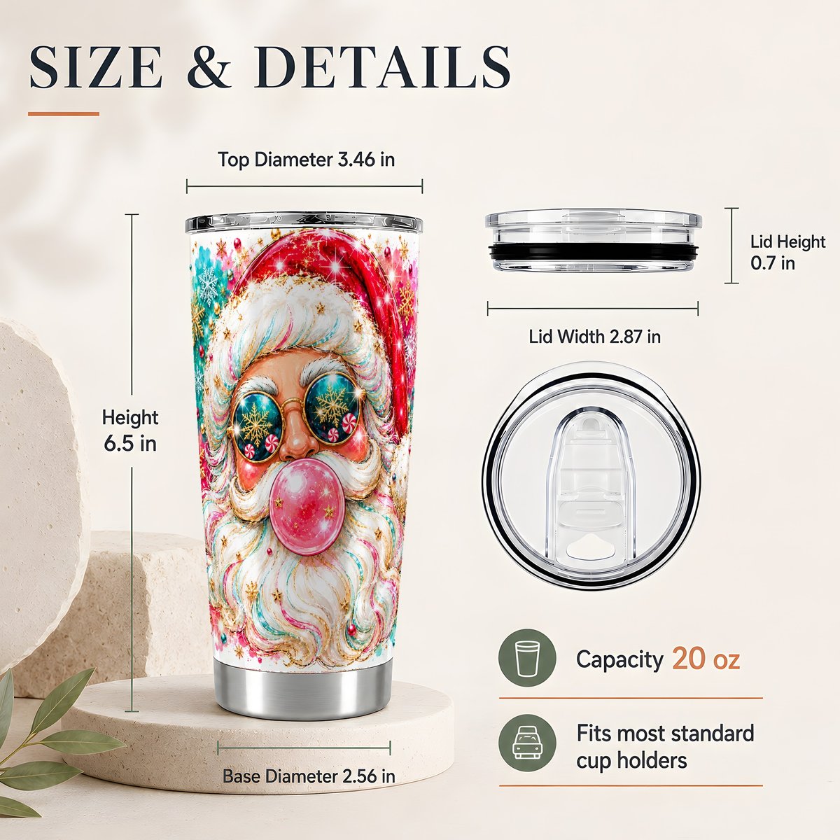 #pl[20oz|Steel] Bubblegum Santa 20oz Tumbler, Christmas Travel Cup for Women