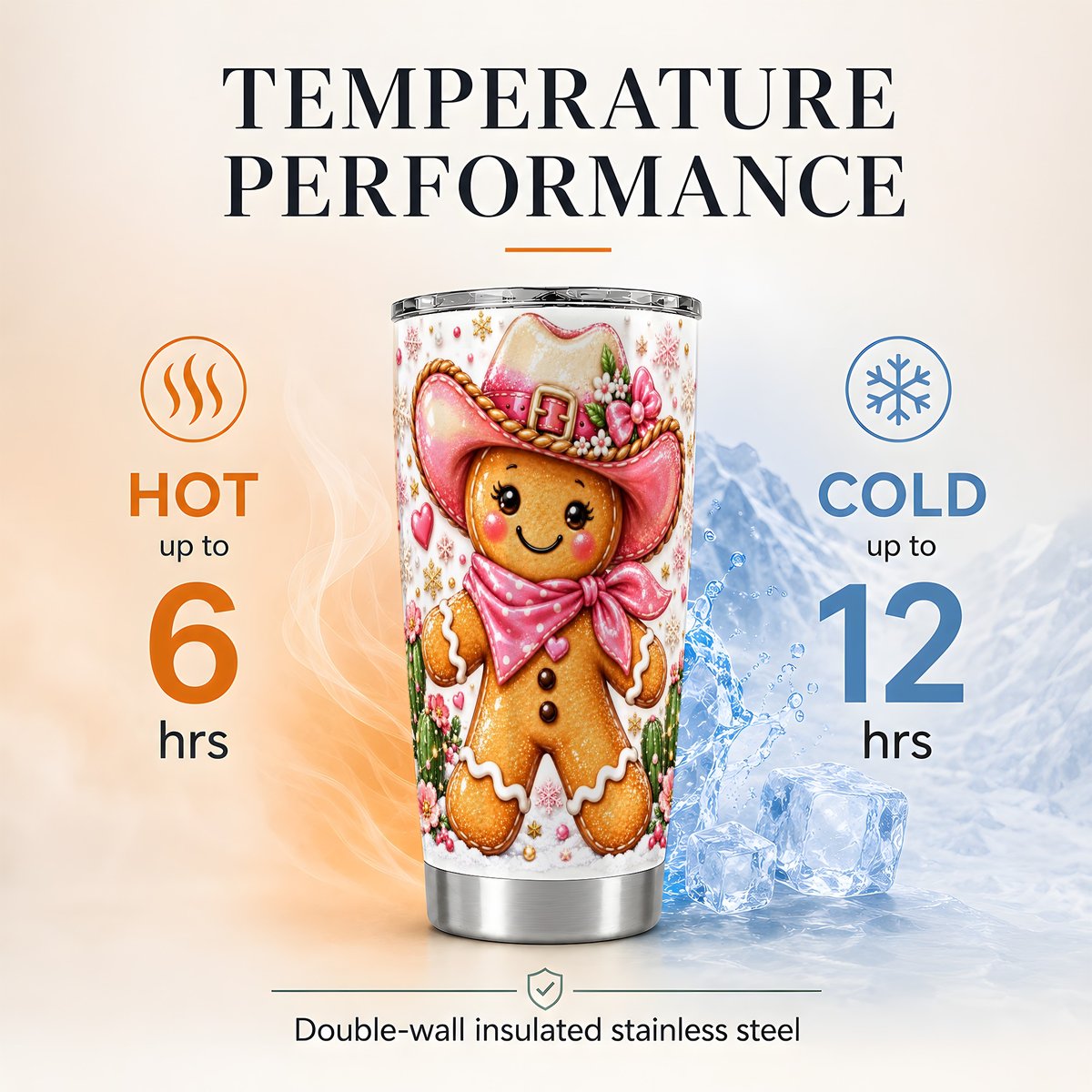 Gingerbread Cowgirl 20oz Tumbler, Western Christmas Travel Cup for Women