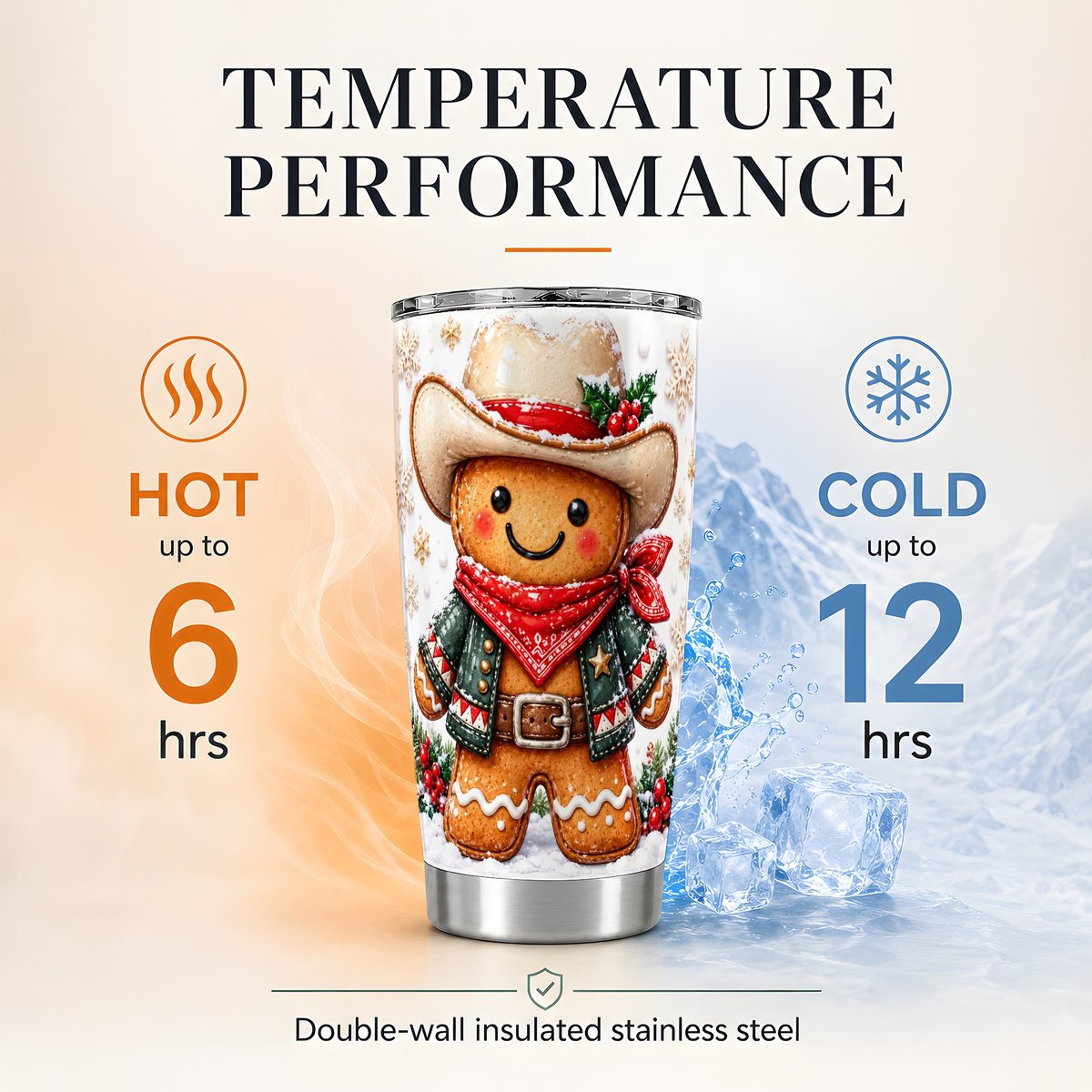 Gingerbread Cowboy 20oz Tumbler, Western Christmas Travel Cup for Men