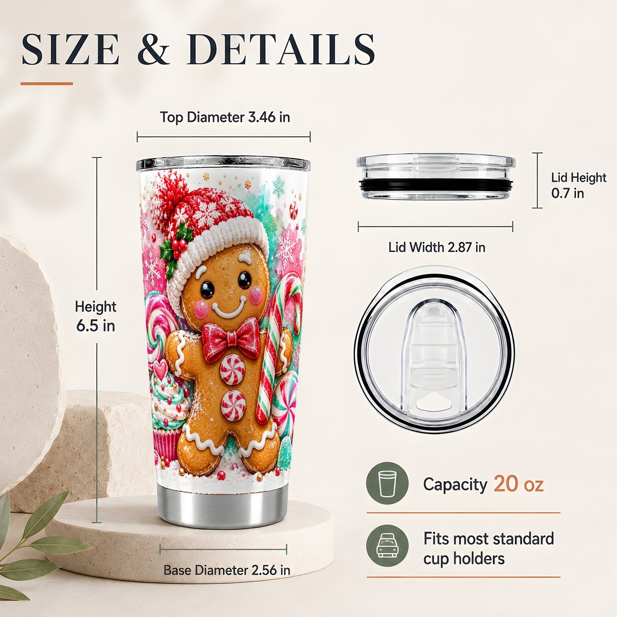 #pl[20oz|Steel] Candy Cane Gingerbread 20oz Tumbler, Christmas Travel Cup for Women