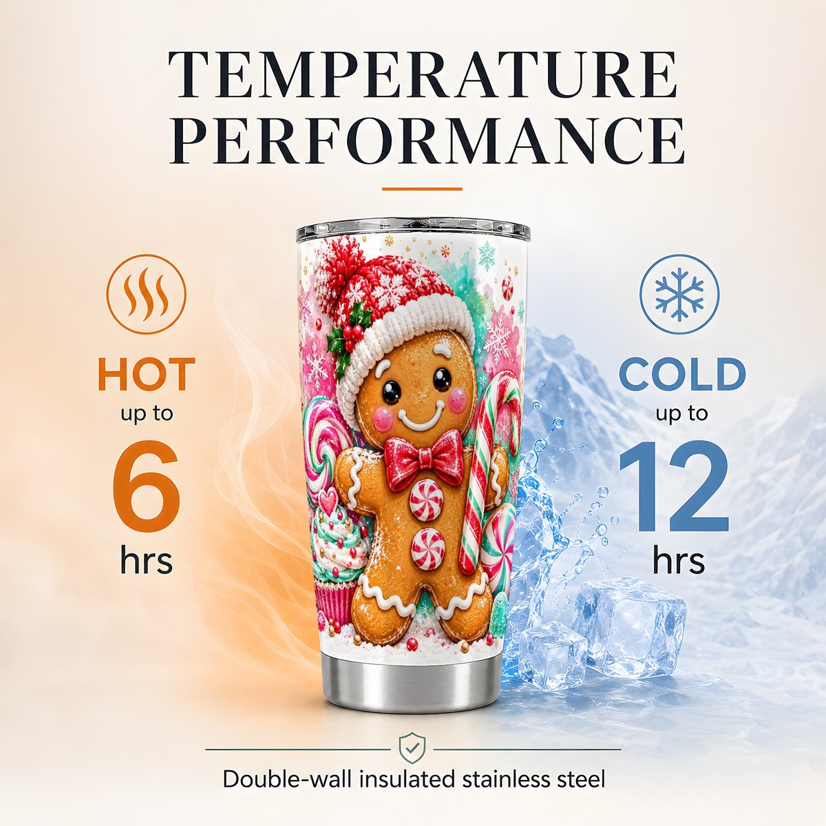 Candy Cane Gingerbread 20oz Tumbler, Christmas Travel Cup for Women