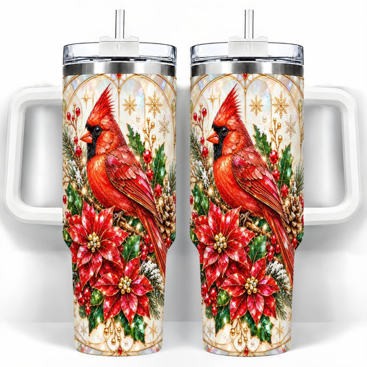 Red Cardinal 40oz Tumbler with Handle, Christmas Travel Cup for Women