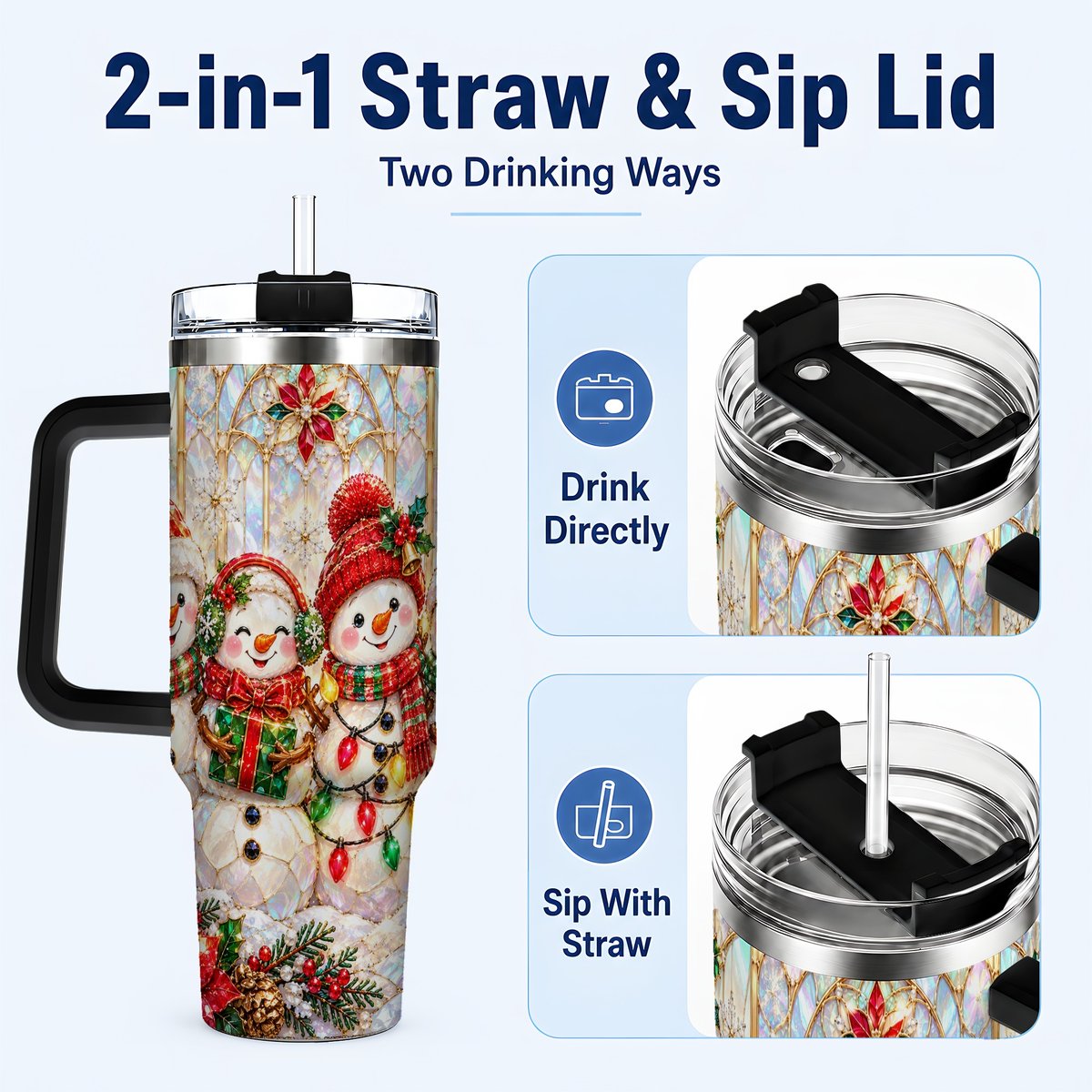 #pl[40oz|Black] Snowman Family 40oz Tumbler with Handle, Christmas Travel Cup