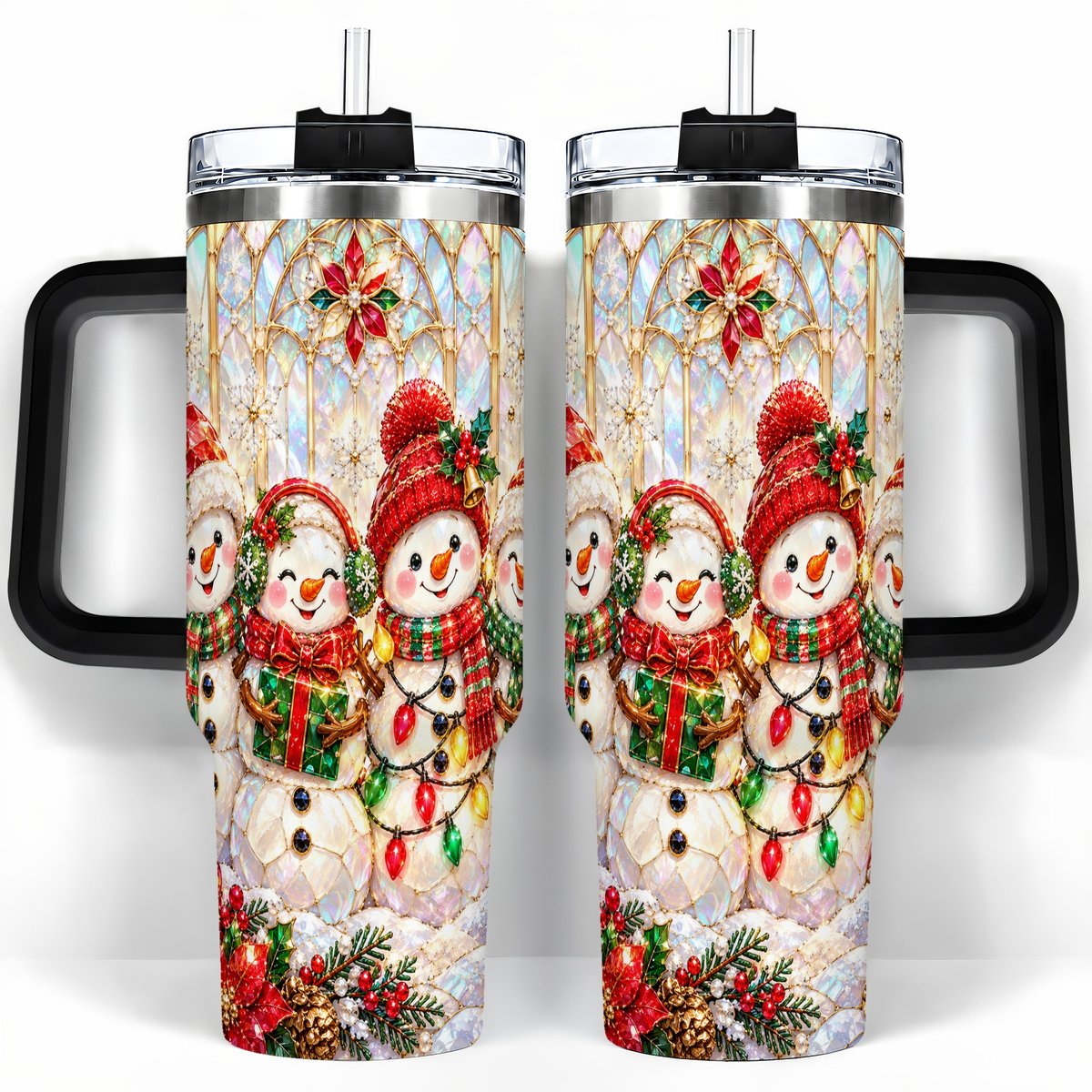#pl[40oz|Black] Snowman Family 40oz Tumbler with Handle, Christmas Travel Cup