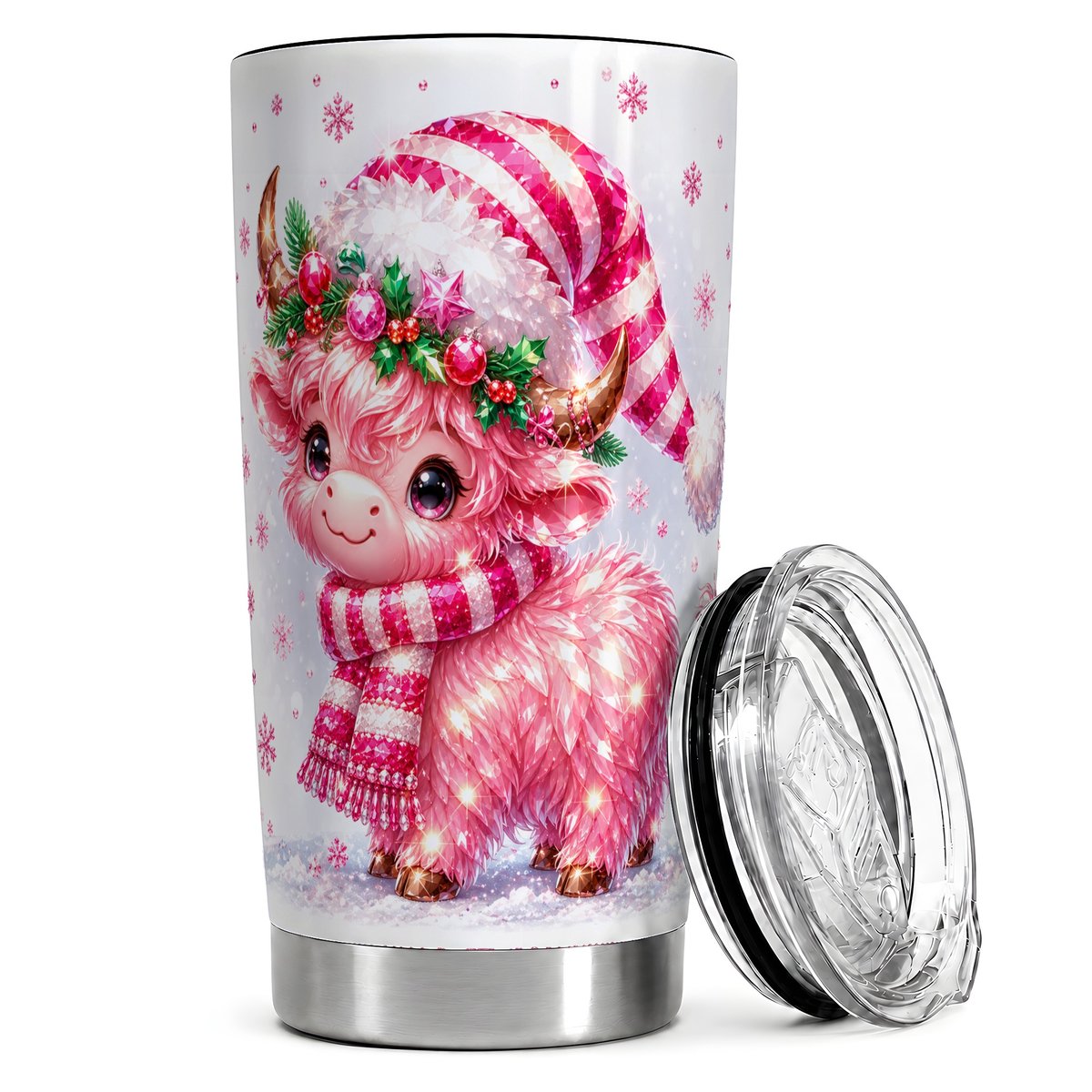 Pink Highland Cow 20oz Tumbler, Sparkly Christmas Travel Cup for Women