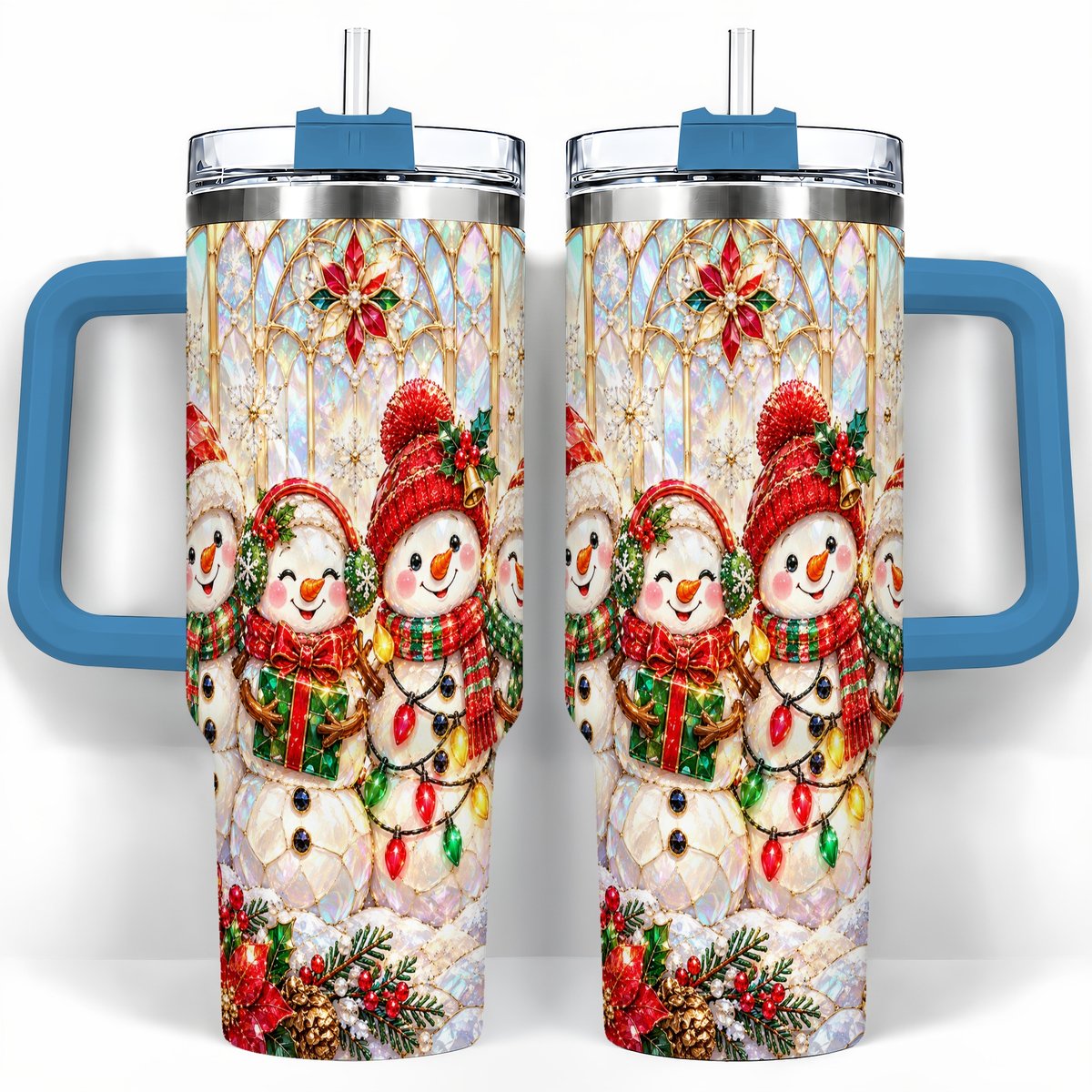 #pl[40oz|Blue] Snowman Family 40oz Tumbler with Handle, Christmas Travel Cup