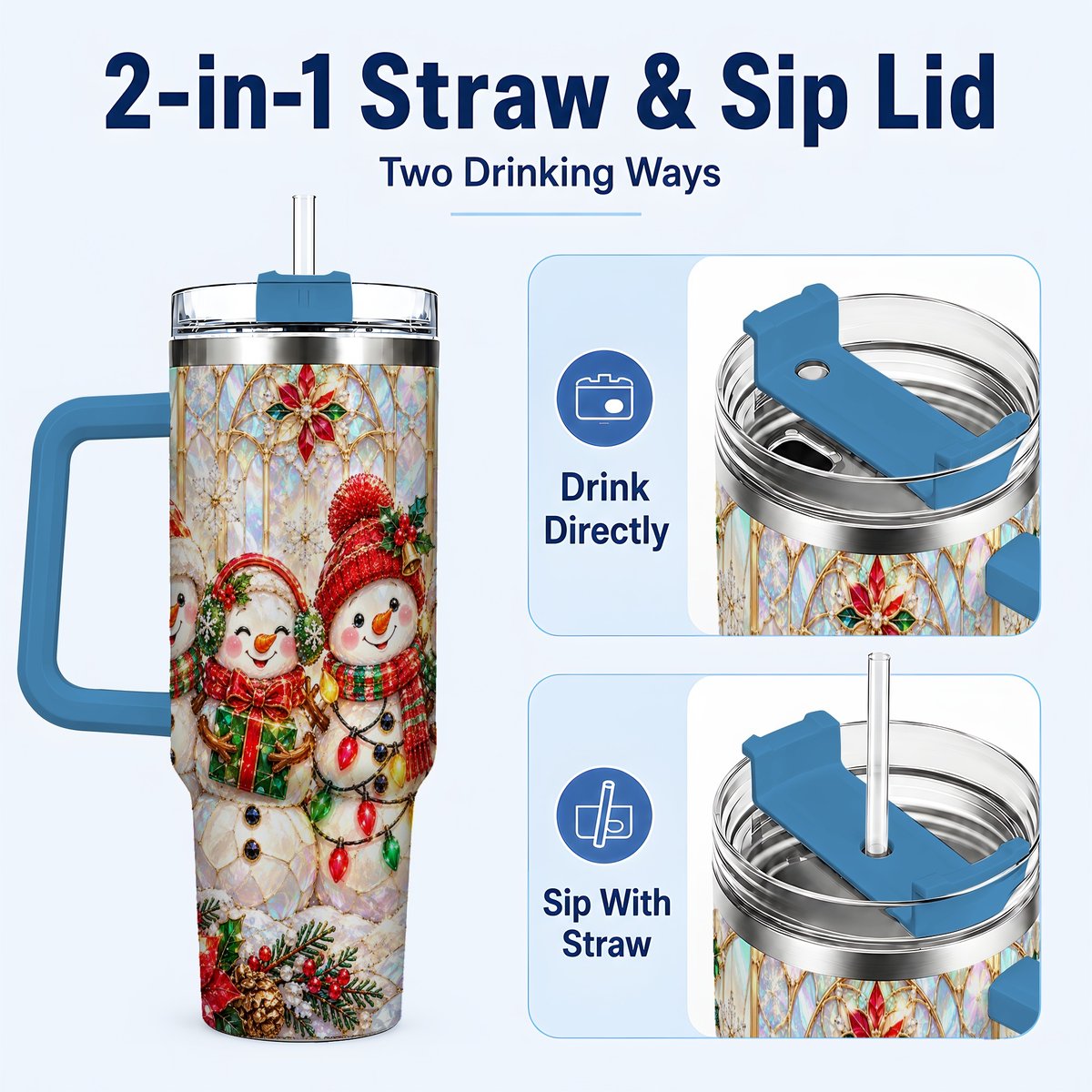 #pl[40oz|Blue] Snowman Family 40oz Tumbler with Handle, Christmas Travel Cup