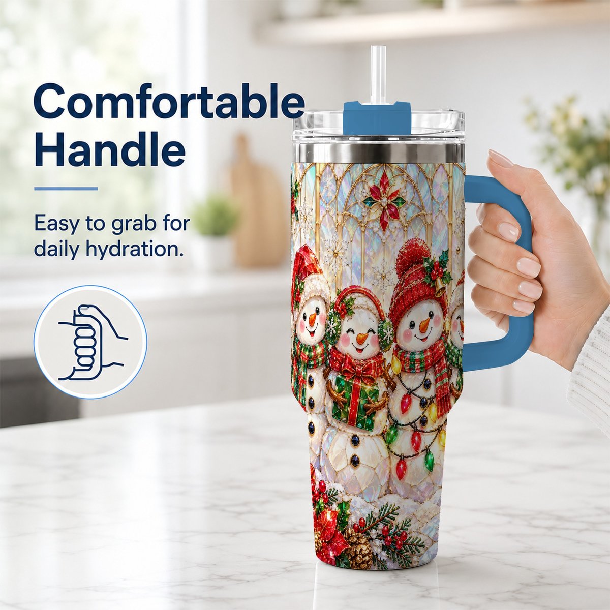 #pl[40oz|Blue] Snowman Family 40oz Tumbler with Handle, Christmas Travel Cup