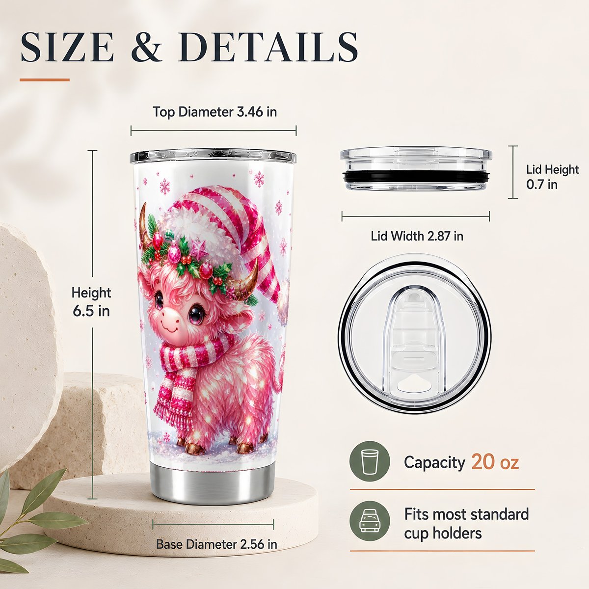 #pl[20oz|Steel] Pink Highland Cow 20oz Tumbler, Sparkly Christmas Travel Cup for Women