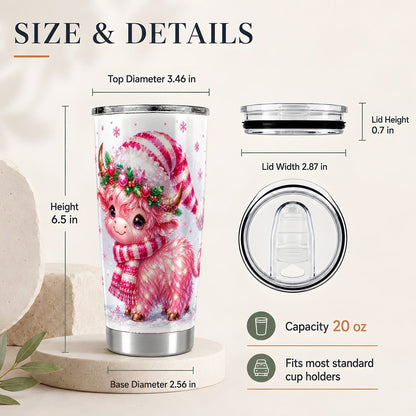 #pl[20oz|Steel] Pink Highland Cow 20oz Tumbler, Sparkly Christmas Travel Cup for Women