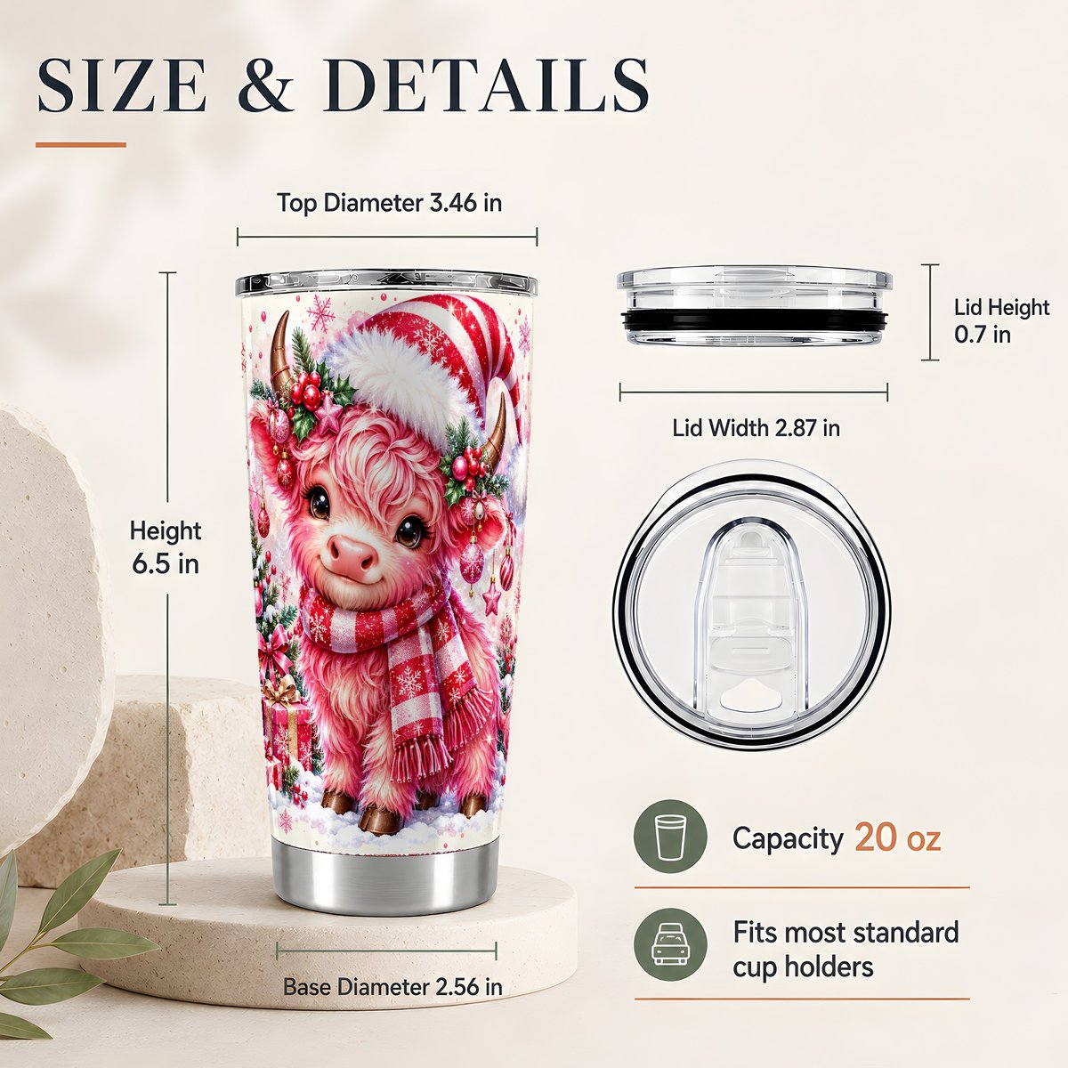 #pl[20oz|Steel] Pink Christmas Highland Cow 20oz Tumbler, Holiday Travel Cup for Women