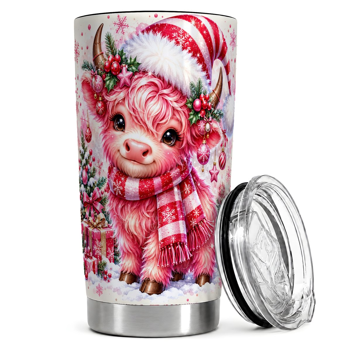 Pink Christmas Highland Cow 20oz Tumbler, Holiday Travel Cup for Women