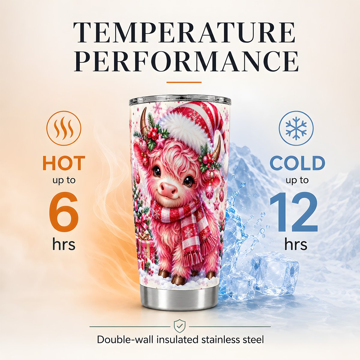 Pink Christmas Highland Cow 20oz Tumbler, Holiday Travel Cup for Women