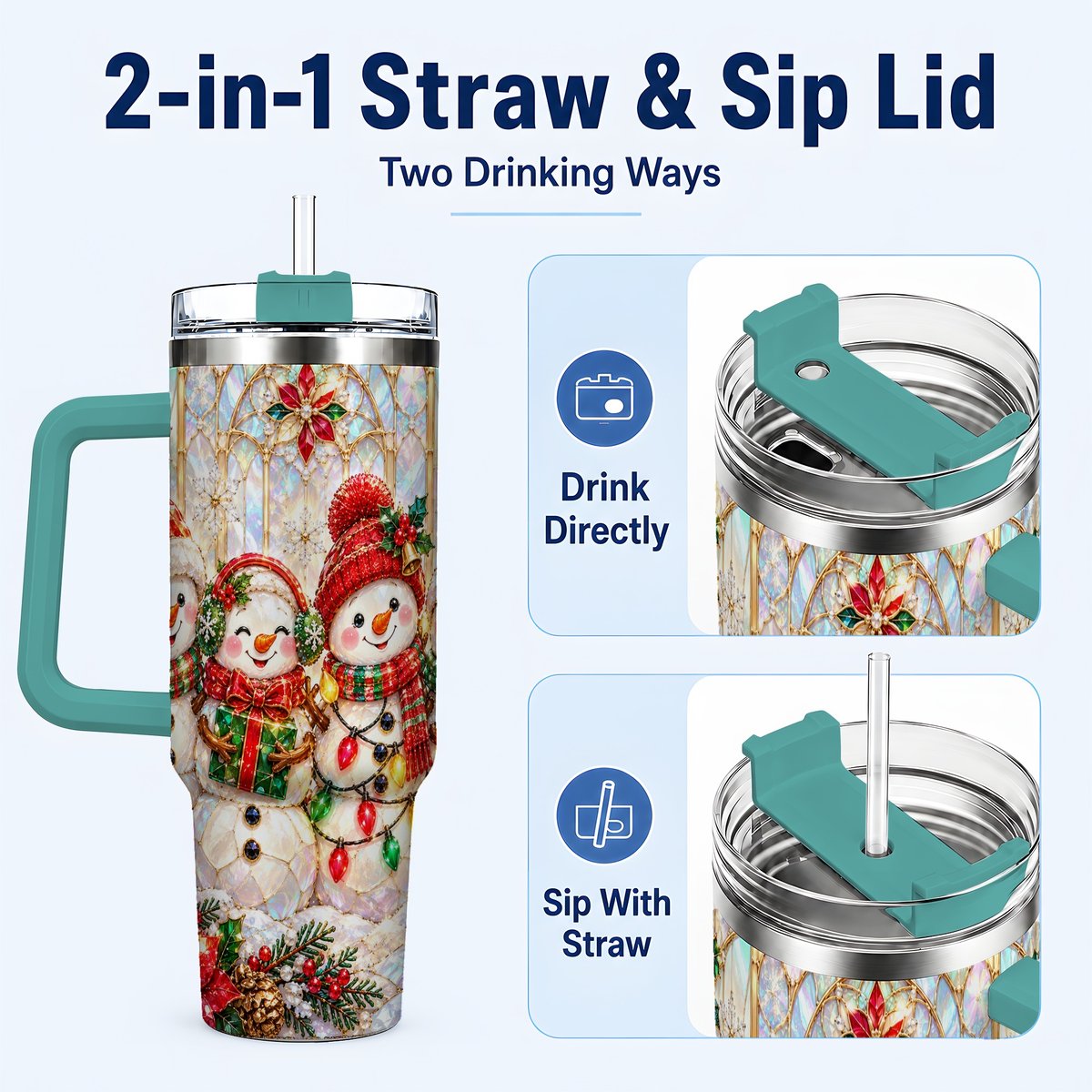 #pl[40oz|Green] Snowman Family 40oz Tumbler with Handle, Christmas Travel Cup