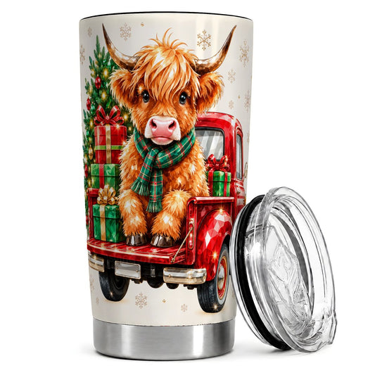 Highland Cow Truck 20oz Tumbler, Christmas Travel Cup for Cow Lovers