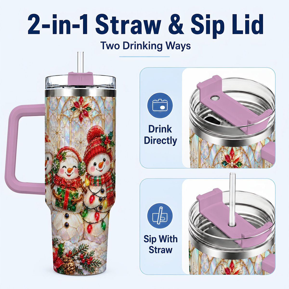 #pl[40oz|Pink] Snowman Family 40oz Tumbler with Handle, Christmas Travel Cup
