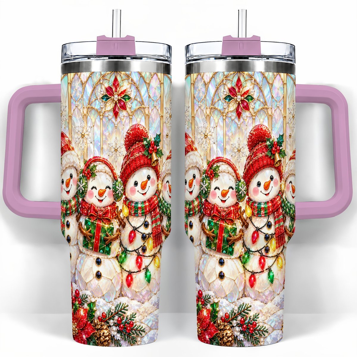 #pl[40oz|Pink] Snowman Family 40oz Tumbler with Handle, Christmas Travel Cup