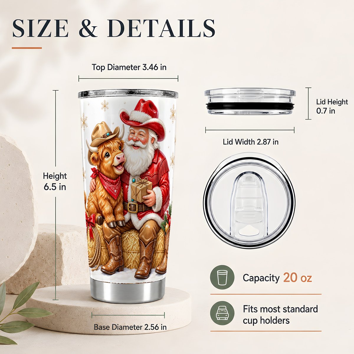 #pl[20oz|Steel] Cowboy Santa Highland Cow 20oz Tumbler, Christmas Travel Cup for Cow Fans