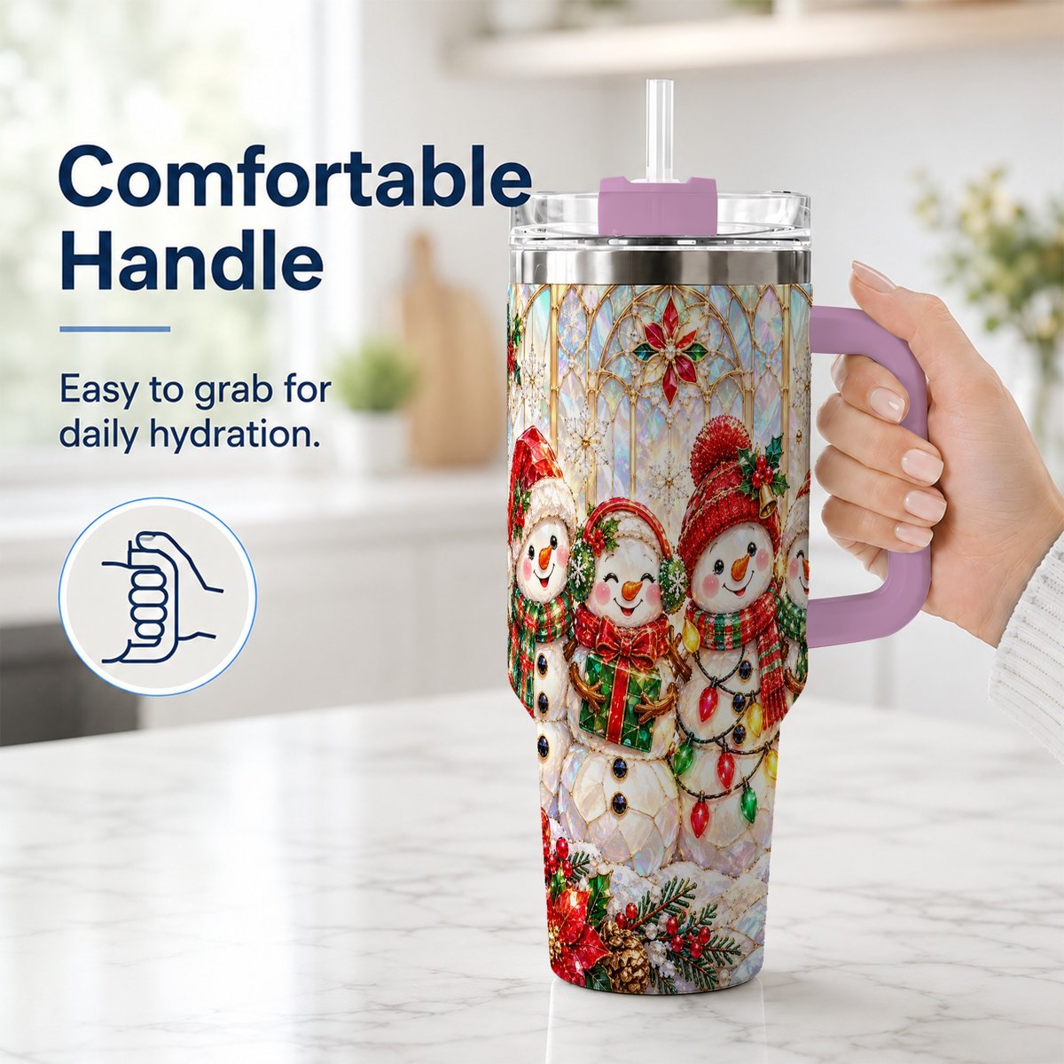 #pl[40oz|Pink] Snowman Family 40oz Tumbler with Handle, Christmas Travel Cup