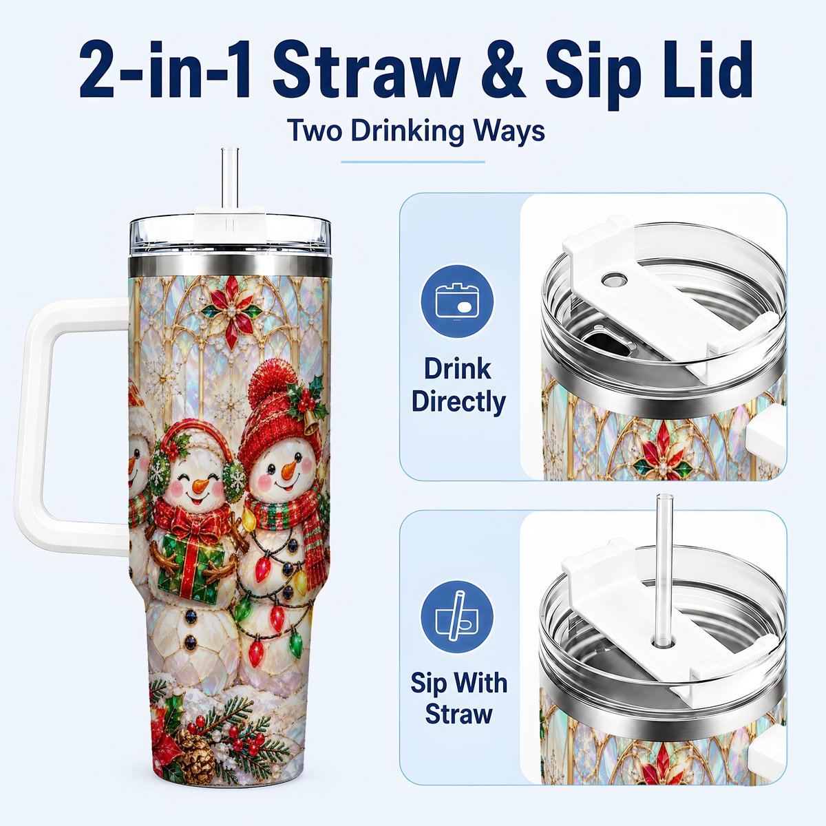 #pl[40oz|White] Snowman Family 40oz Tumbler with Handle, Christmas Travel Cup