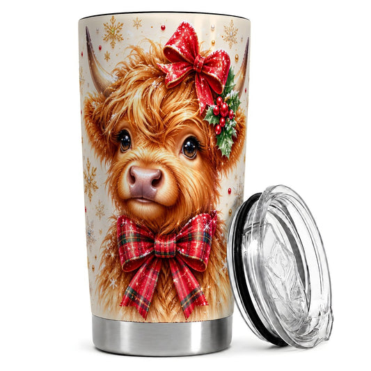 Christmas Highland Cow 20oz Tumbler, Red Bow Travel Cup for Cow Lovers