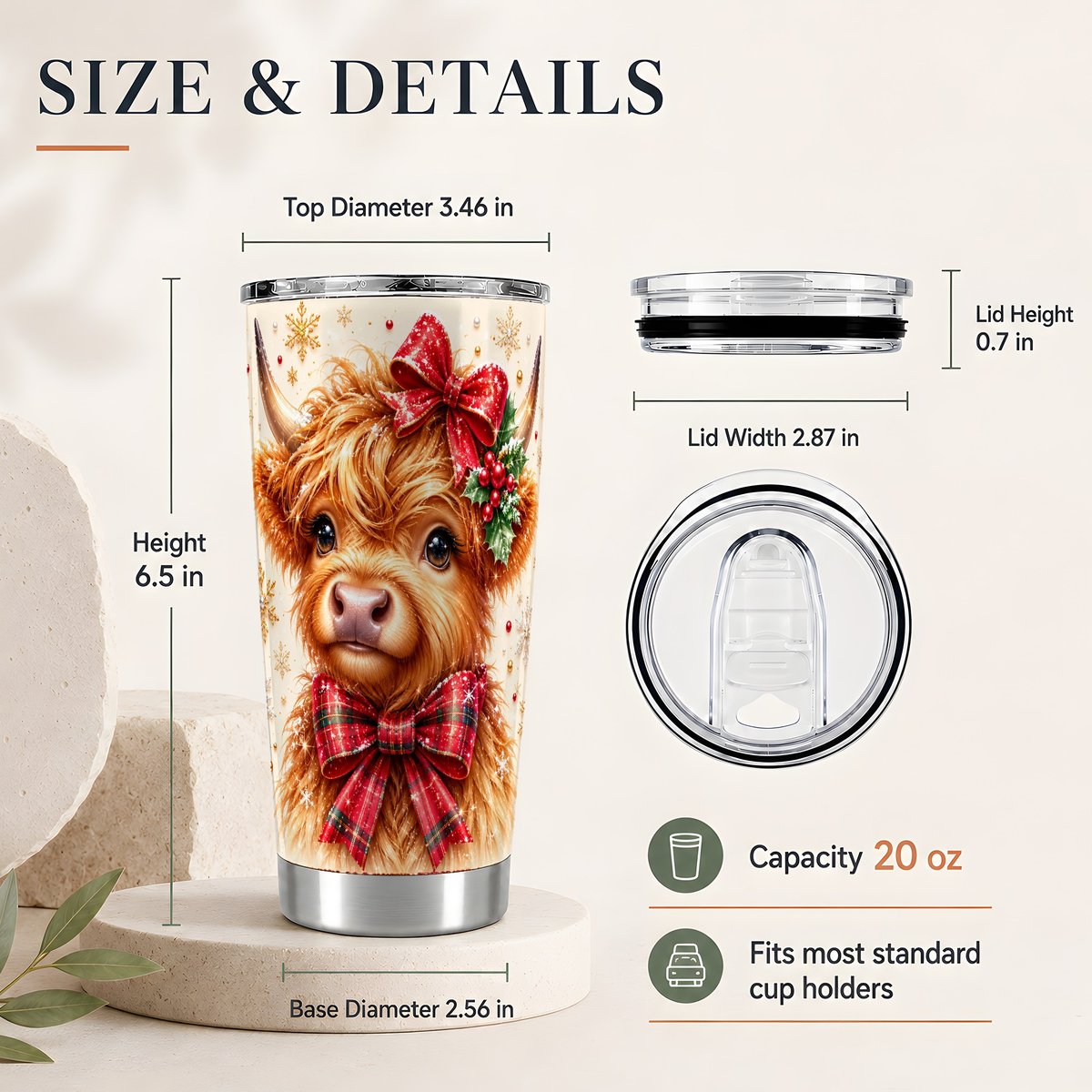#pl[20oz|Steel] Christmas Highland Cow 20oz Tumbler, Red Bow Travel Cup for Cow Lovers