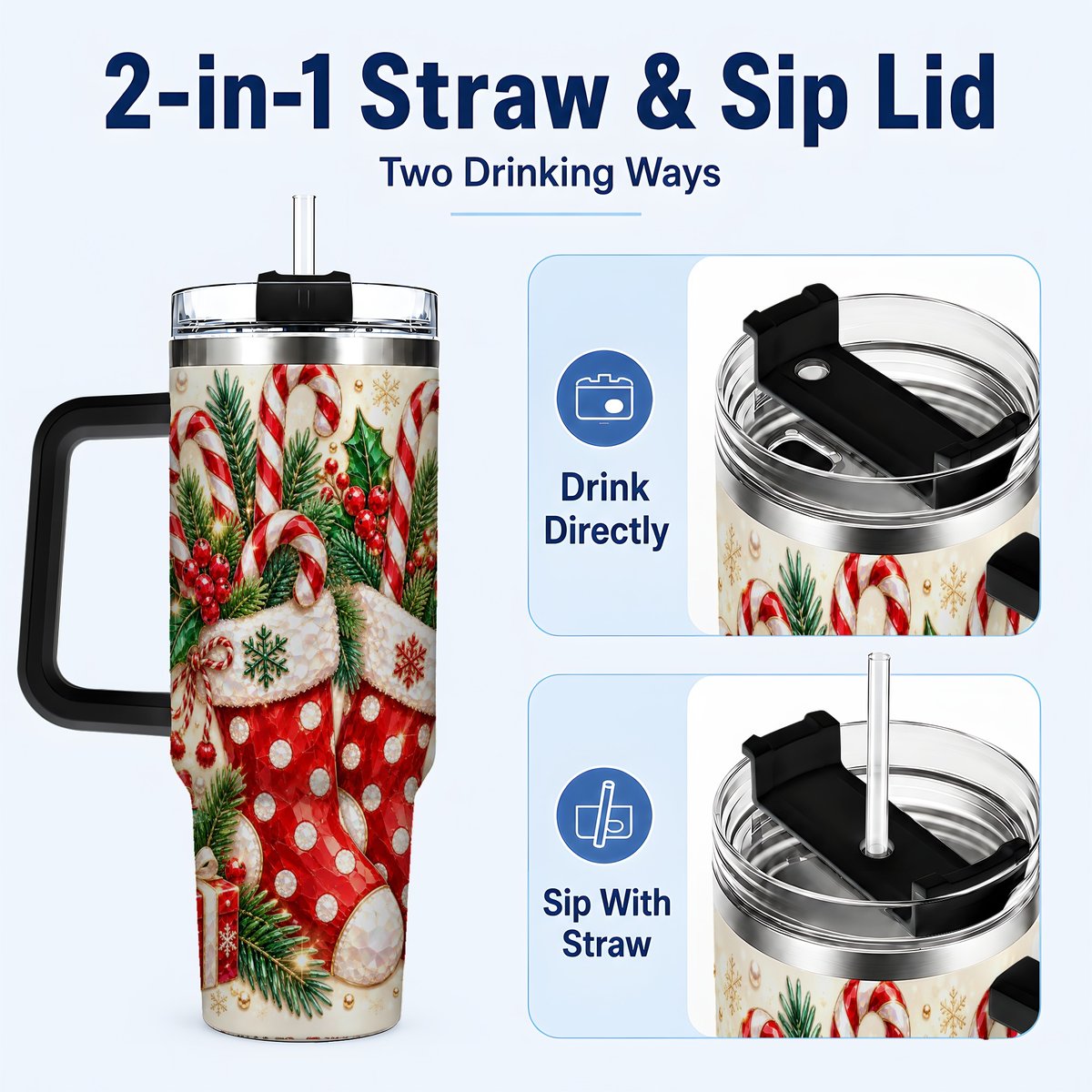 #pl[40oz|Black] Christmas Stockings 40oz Tumbler with Handle, Holiday Travel Cup