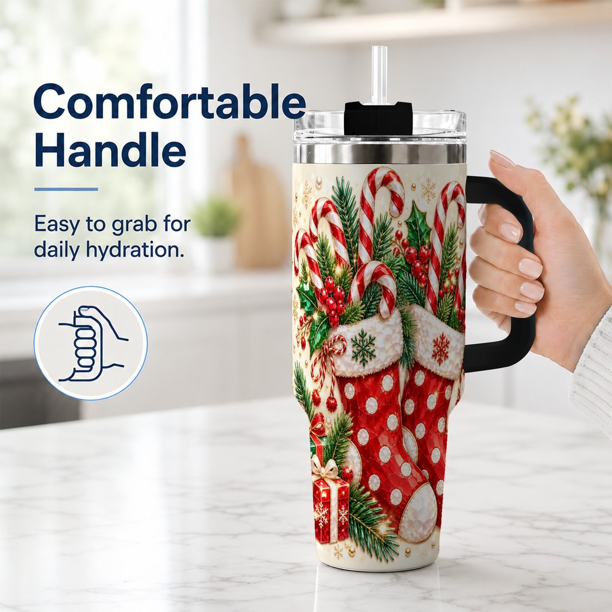 #pl[40oz|Black] Christmas Stockings 40oz Tumbler with Handle, Holiday Travel Cup