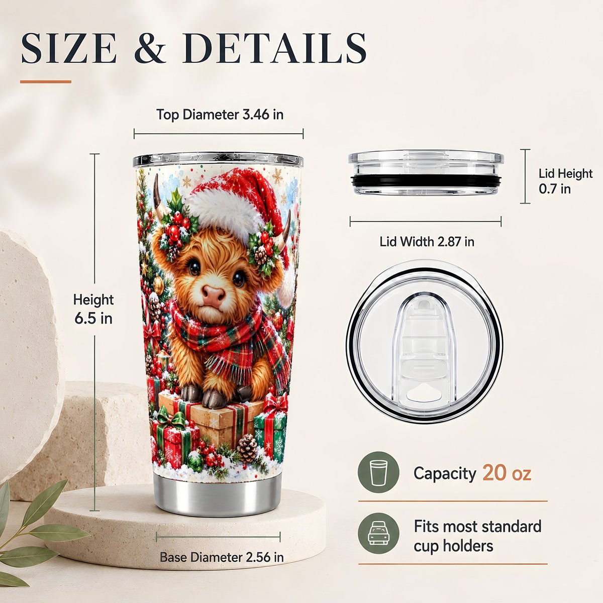 #pl[20oz|Steel] Christmas Highland Cow 20oz Tumbler, Festive Travel Cup for Cow Lovers