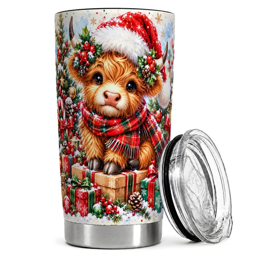 Christmas Highland Cow 20oz Tumbler, Festive Travel Cup for Cow Lovers