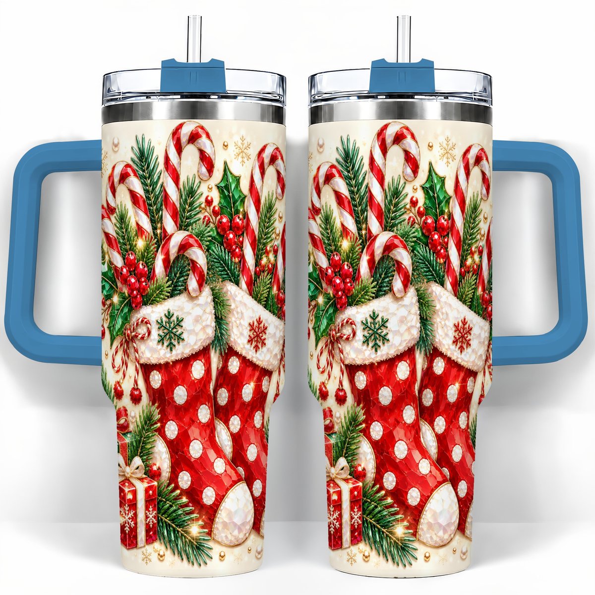 #pl[40oz|Blue] Christmas Stockings 40oz Tumbler with Handle, Holiday Travel Cup