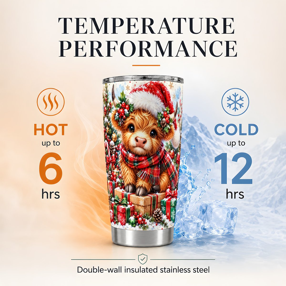Christmas Highland Cow 20oz Tumbler, Festive Travel Cup for Cow Lovers