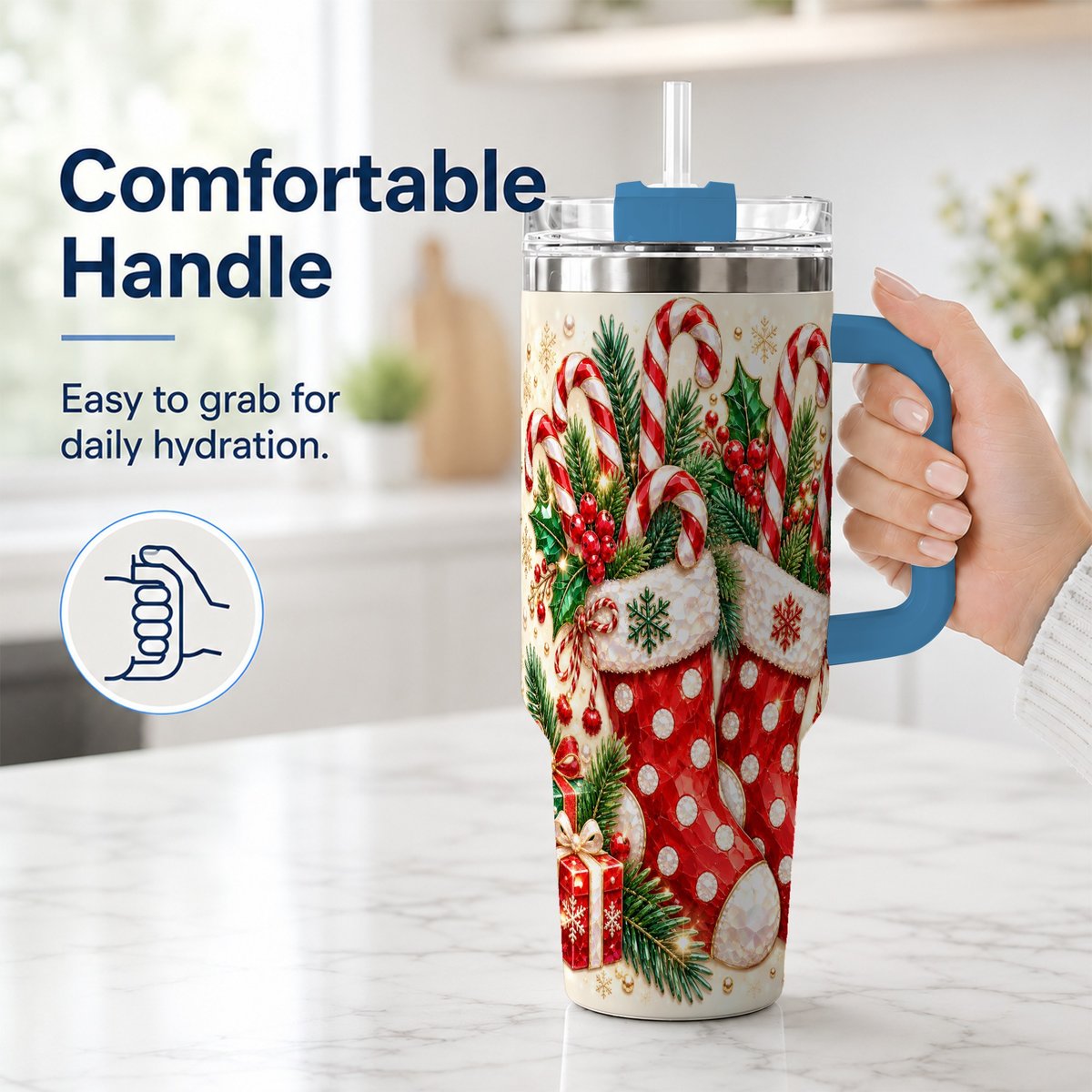 #pl[40oz|Blue] Christmas Stockings 40oz Tumbler with Handle, Holiday Travel Cup
