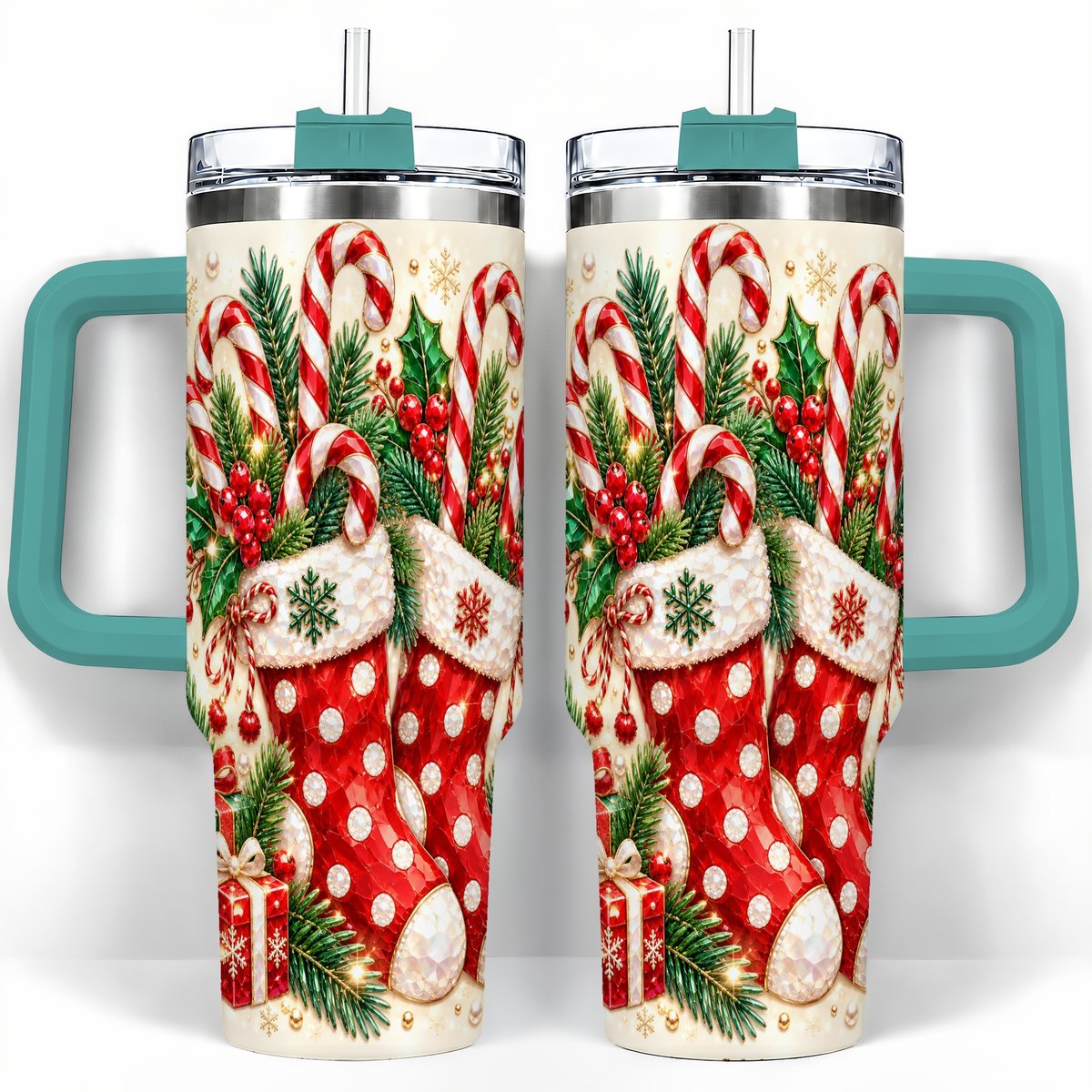 #pl[40oz|Green] Christmas Stockings 40oz Tumbler with Handle, Holiday Travel Cup