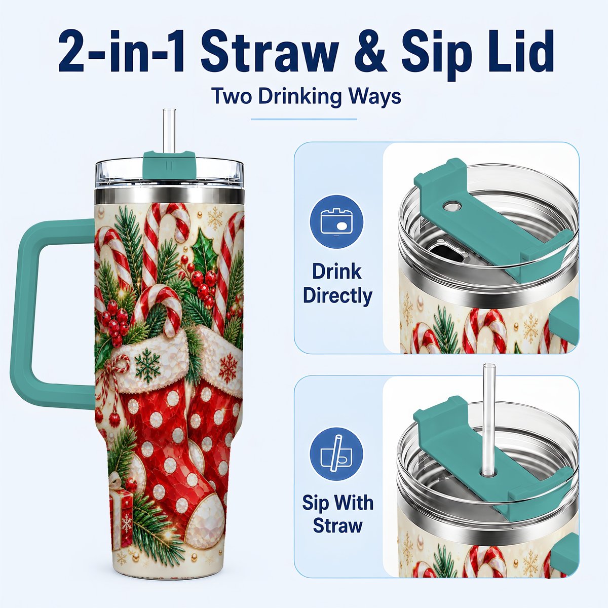 #pl[40oz|Green] Christmas Stockings 40oz Tumbler with Handle, Holiday Travel Cup