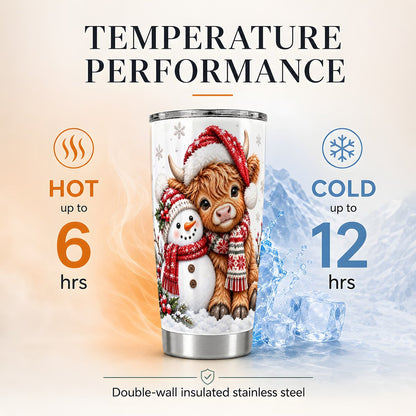 Highland Cow Snowman 20oz Tumbler, Winter Friends Travel Cup for Women