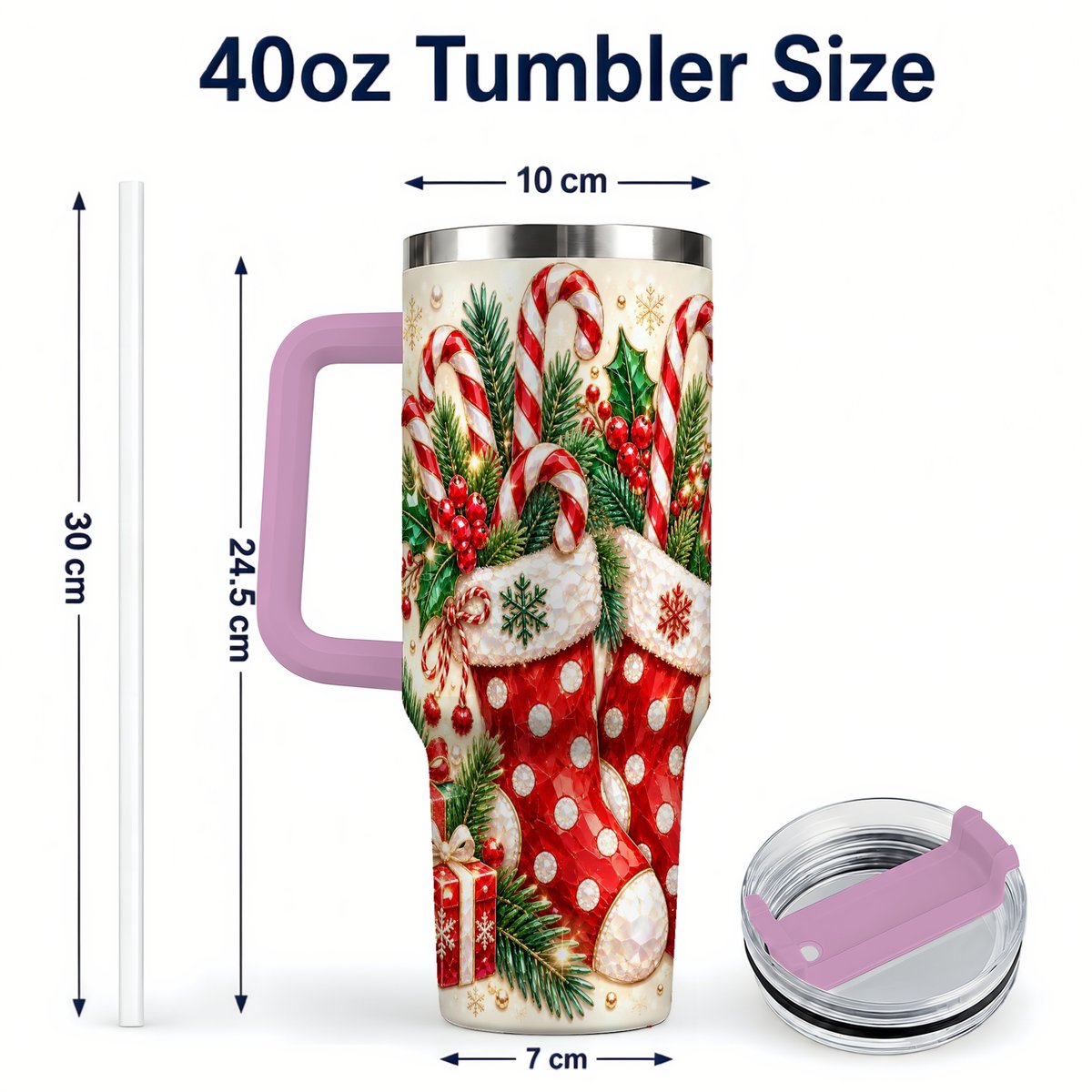 #pl[40oz|Pink] Christmas Stockings 40oz Tumbler with Handle, Holiday Travel Cup