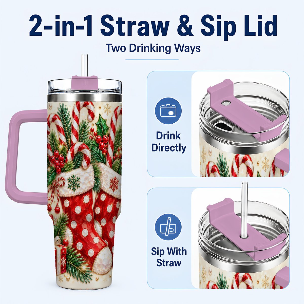 #pl[40oz|Pink] Christmas Stockings 40oz Tumbler with Handle, Holiday Travel Cup